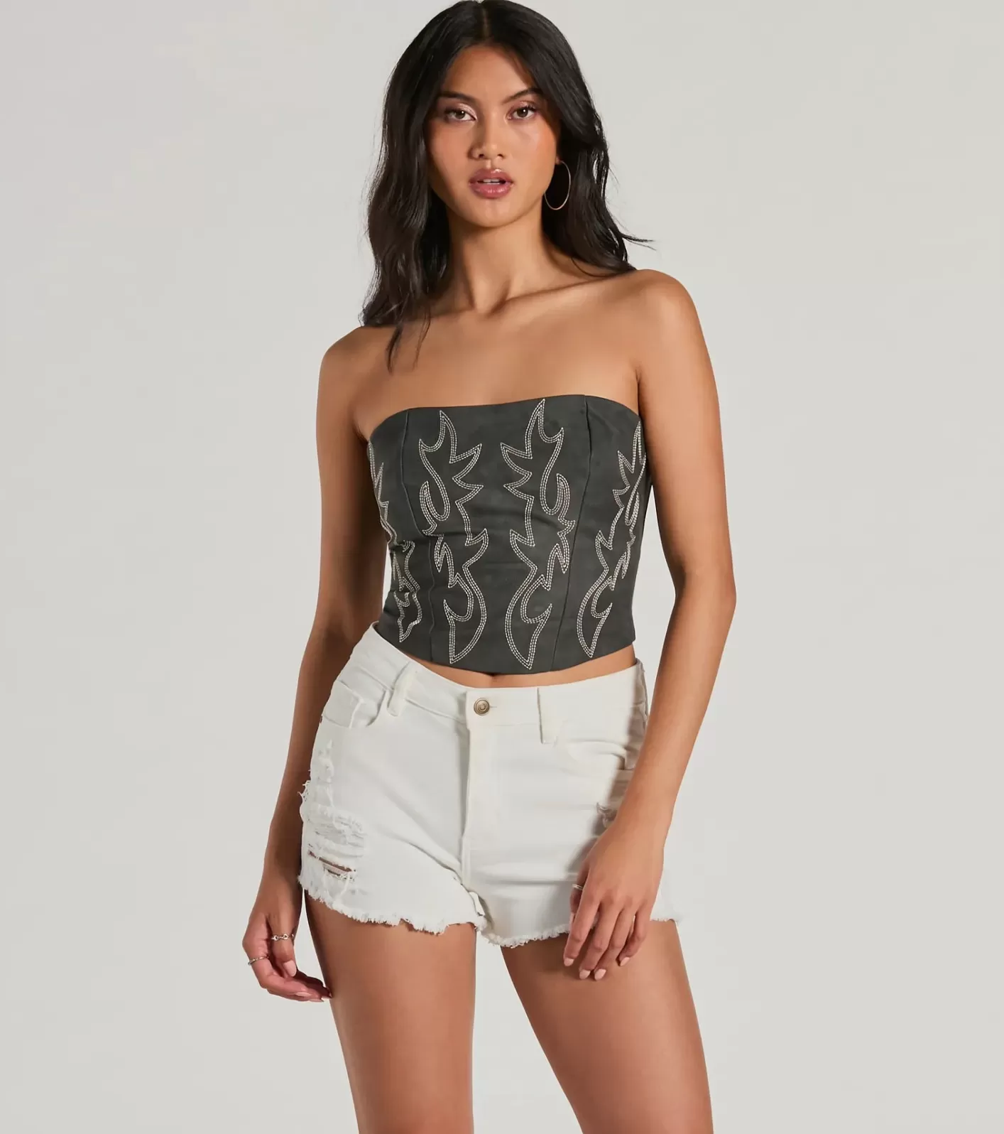 Windsor Western Babe Strapless Lace-Up Cowboy Corset Top CHARCOAL Discount