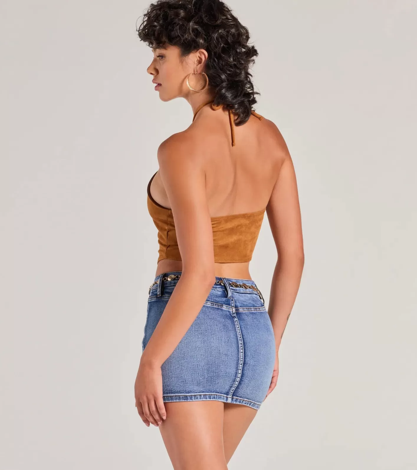 Windsor Western Trend Hanky Hem Halter Crop Top CAMEL Discount