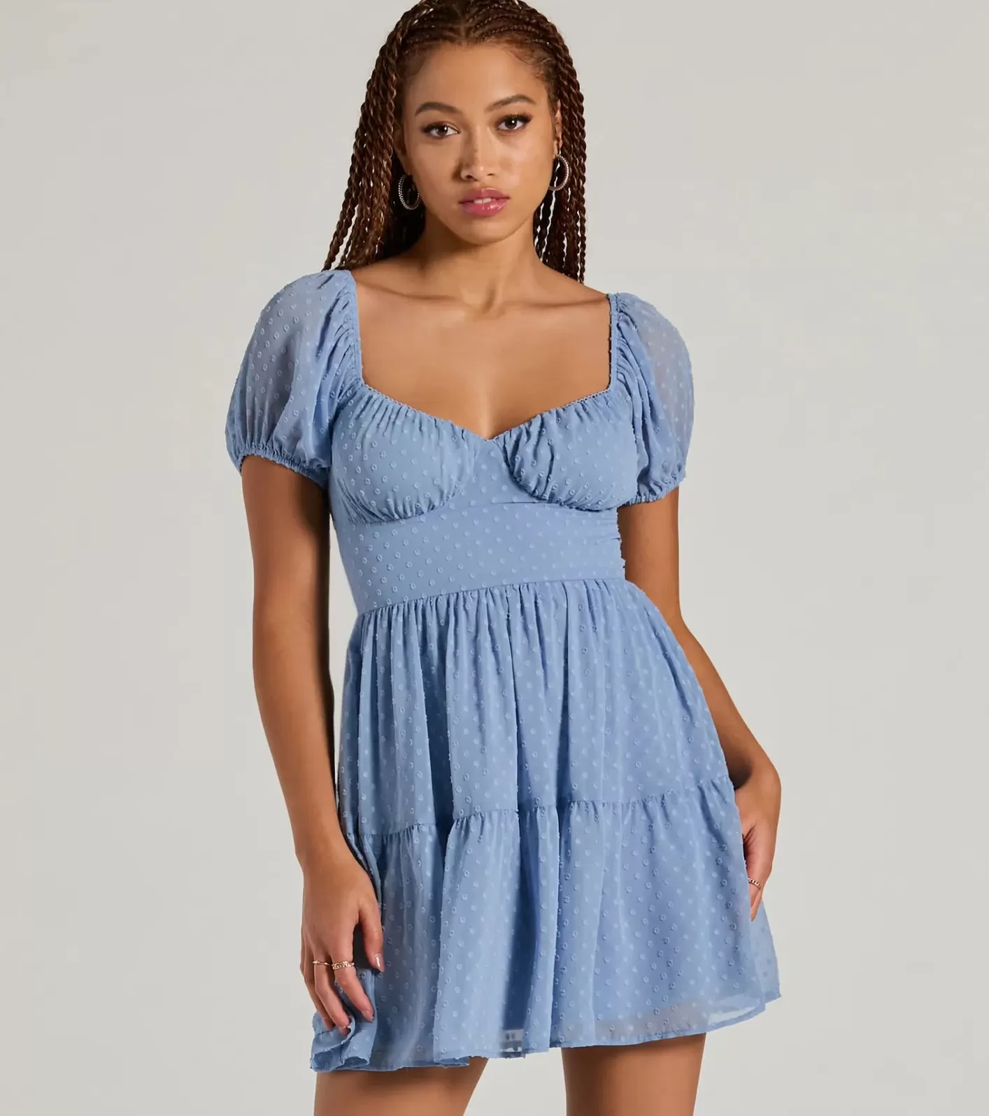 Windsor Whimsical Appeal Puff Sleeve Chiffon Skater Dress BLUE Sale
