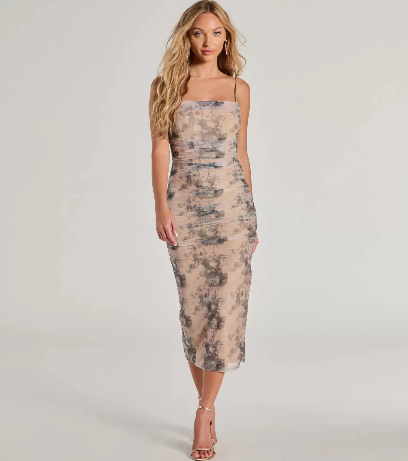 Windsor Whimsical Beauty Abstract Print Midi Mesh Corset Dress TAUPE Hot