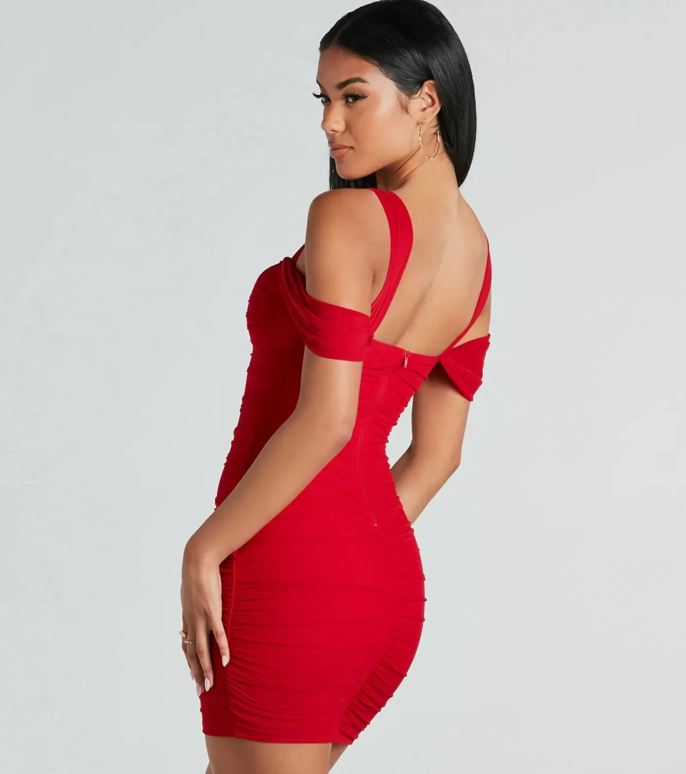 Windsor Winning Style Mesh Ruched Mini Dress RED Best