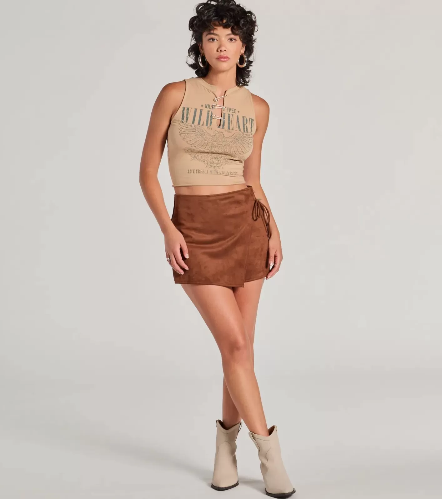 Windsor Wrap It Up High-Rise Faux Suede Mini Skort BROWN Discount