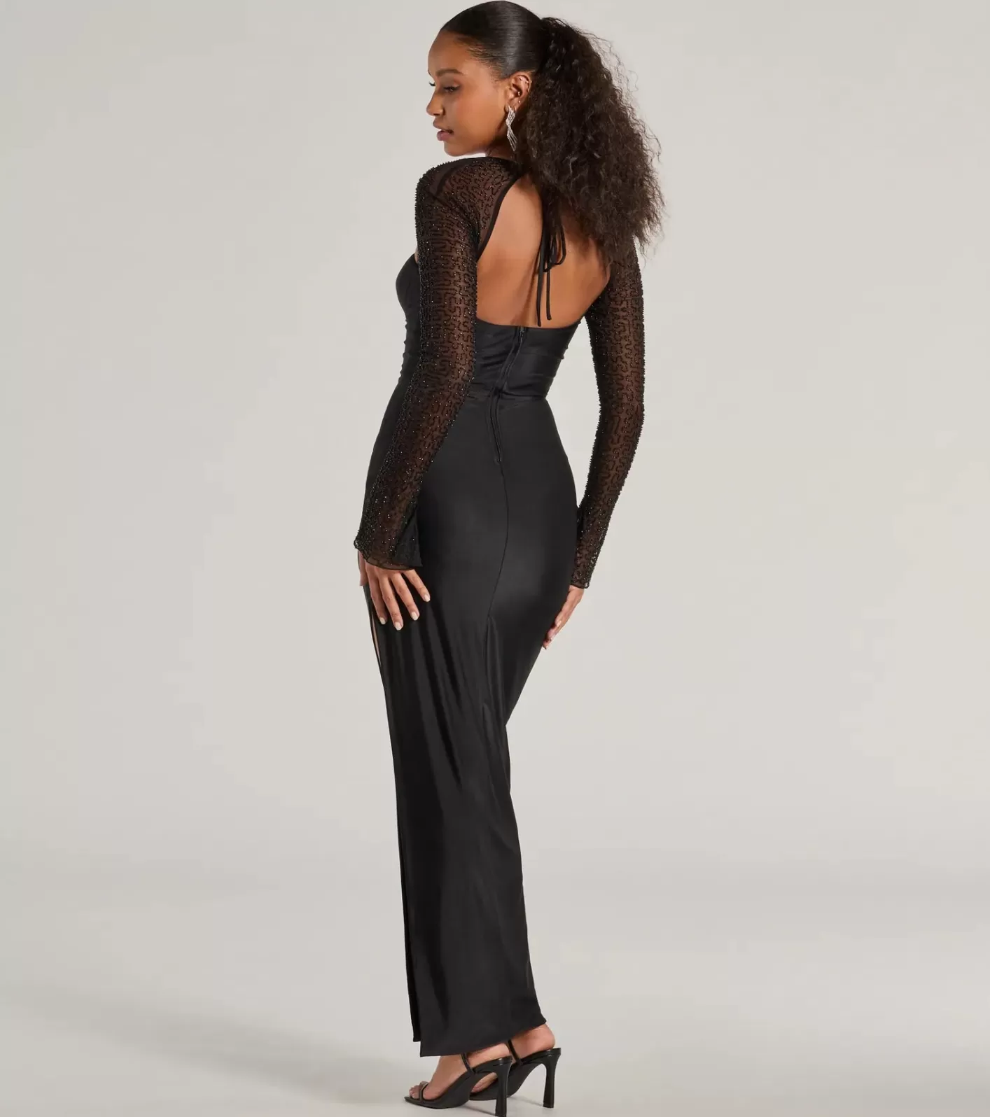 Windsor Wren Long Sleeve Beaded High Slit Long Dress BLACK Cheap